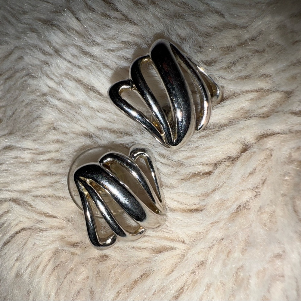 Vintage Monet Silver Tone Wavy Design Stud Earrings Retro 90s Style Estate